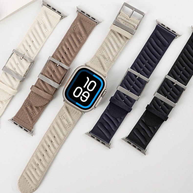 Apple Watch bracelet in braided nylon, wave pattern and raised H, pin buckle, Esmeralda model