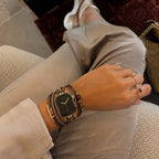 Women's multi-cord watch bracelet with gold details and green stones, elegant wrist accessory, Jaonie