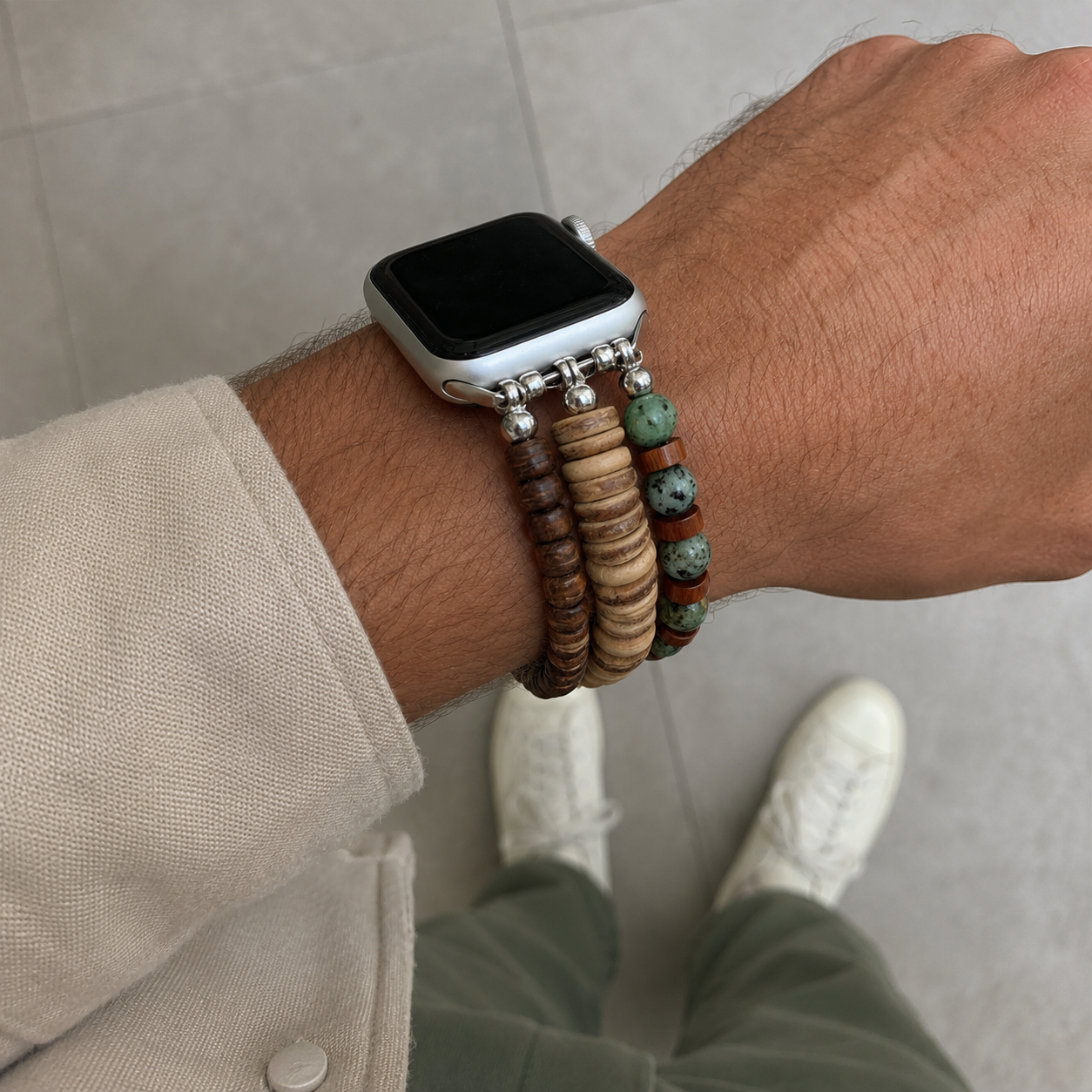 Multi-strand Apple Watch bracelet, combining the elegance of natural wood and the brilliance of African turquoise, Yidza model