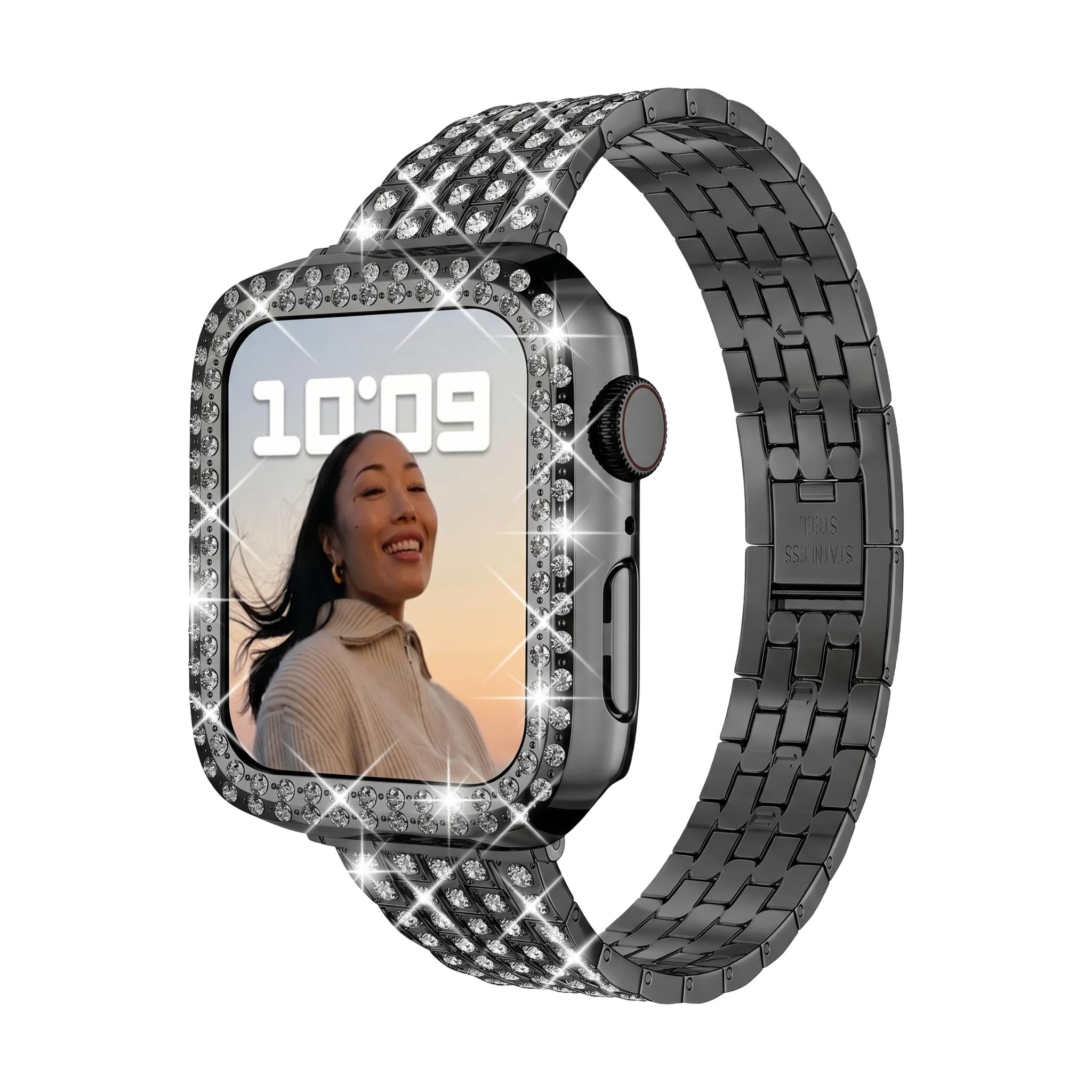 Apple Watch bracelet and case in stainless steel, links set with rhinestones, for women, Fida model