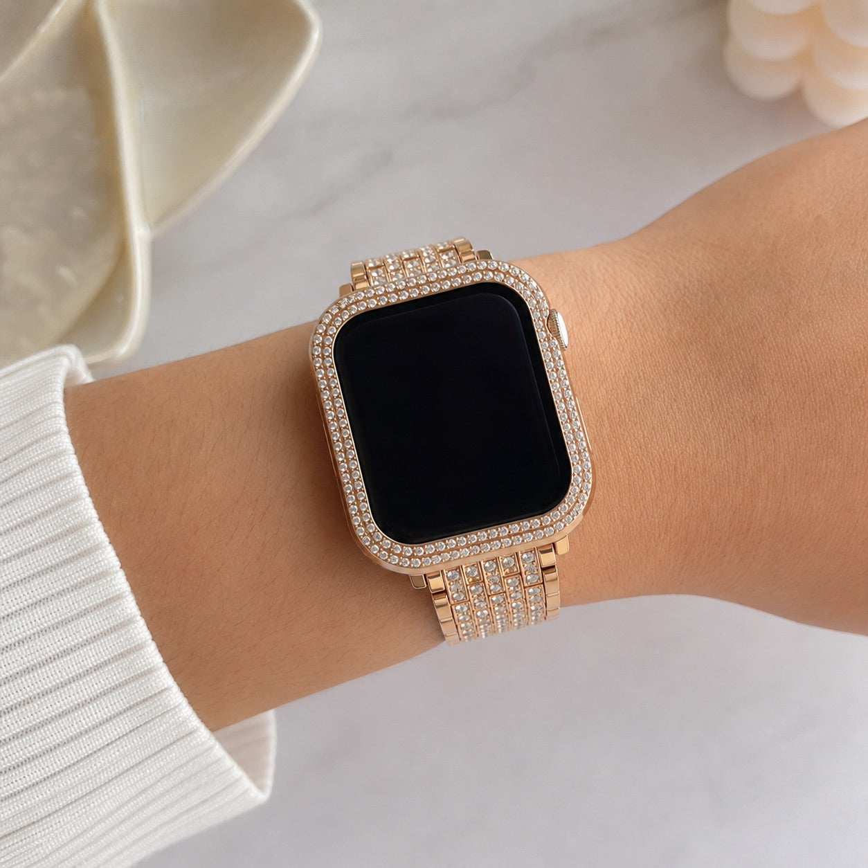 Apple Watch bracelet and case in stainless steel, links set with rhinestones, for women, Fida model