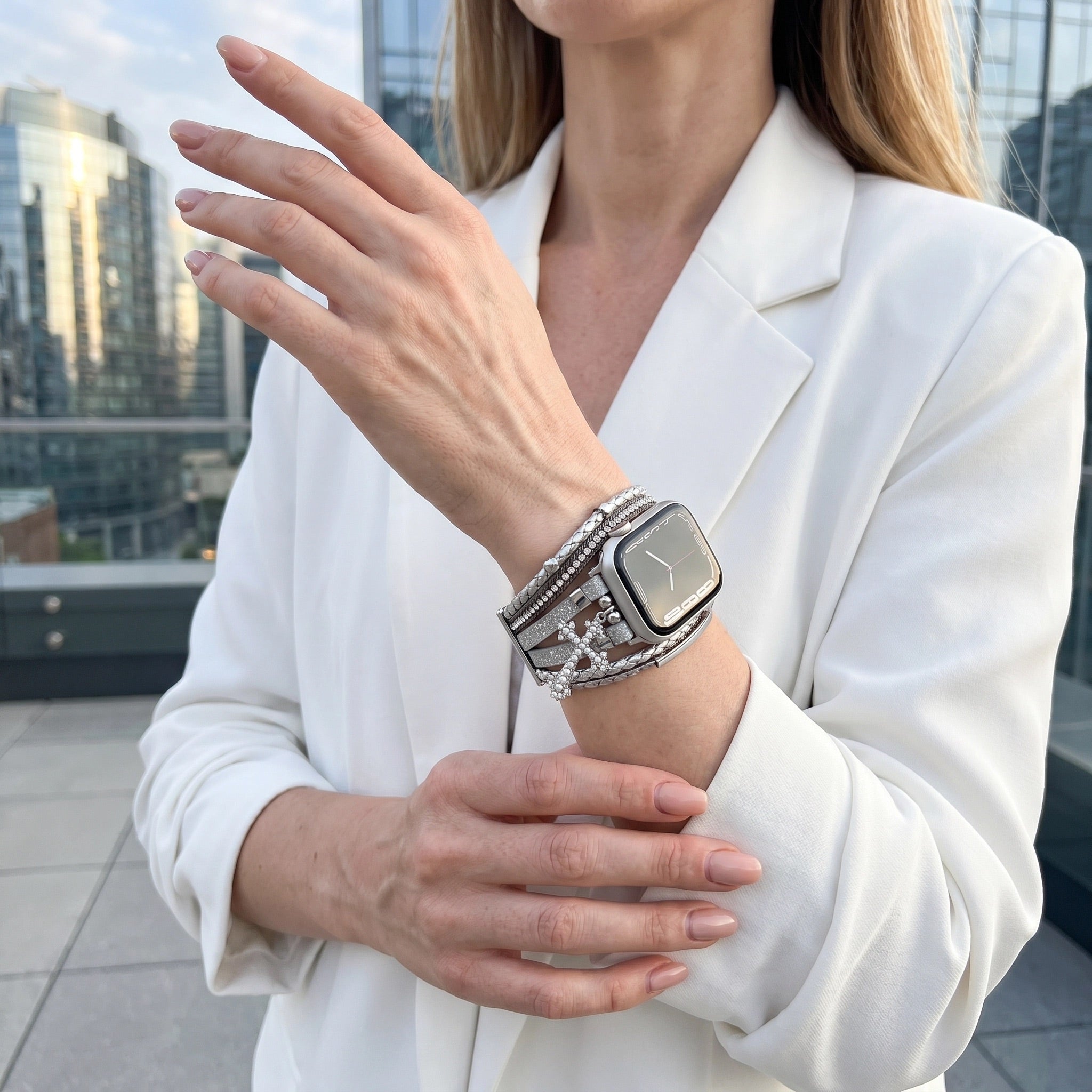 Apple Watch Multi-Strand Bracelet for Women, Faux Leather Bracelet with Christian Cross, Adjustable Clip-On Links, Stravada Model