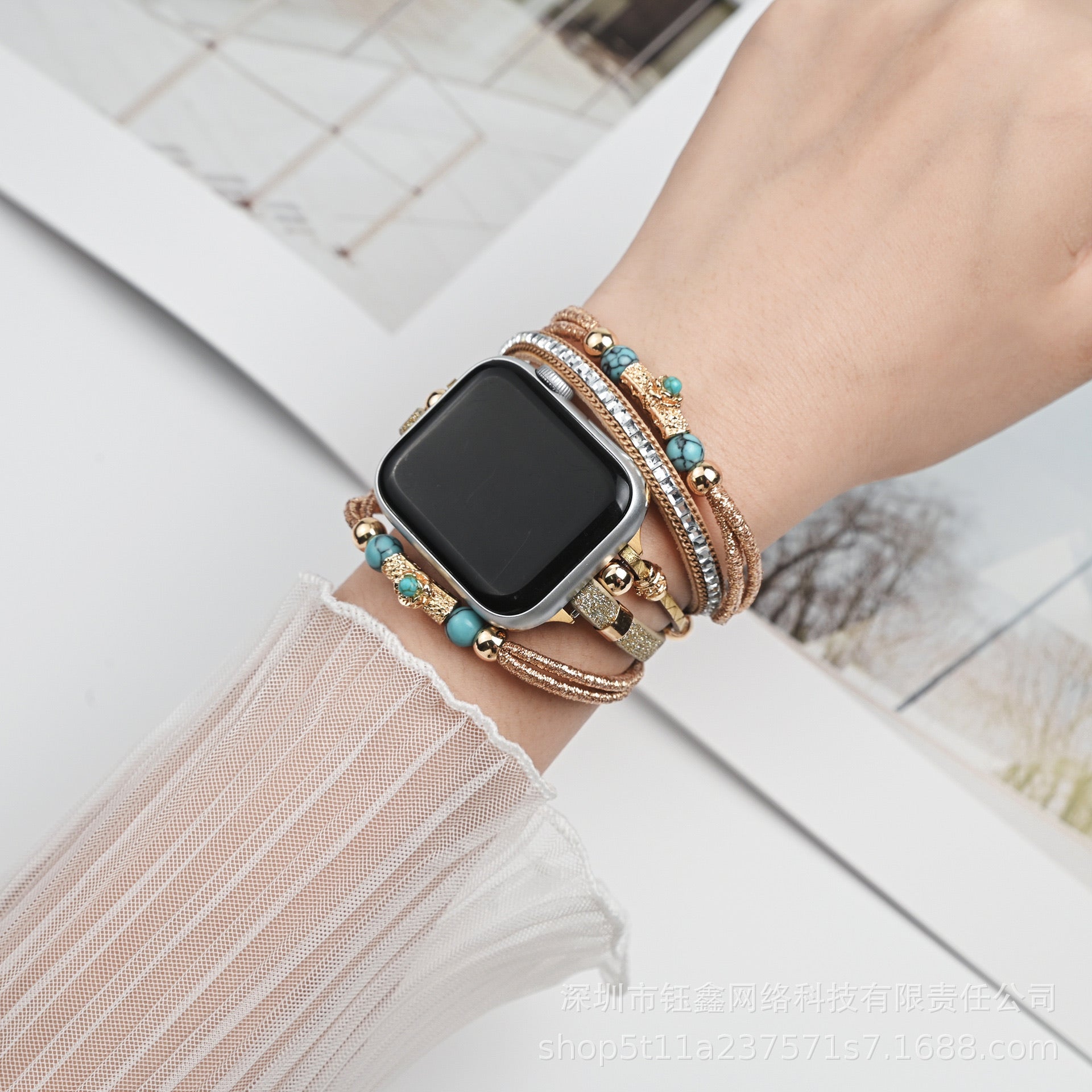Apple Watch Multi-Strand Bracelet, Turquoise Beads and Shimmering Cords, Gold or Silver Finish, for Women, Christine Model